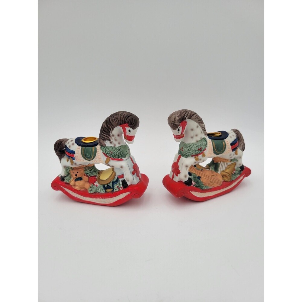 set of 2 vtg Giftco Ceramic Rocking Horse Candle Stick Holders